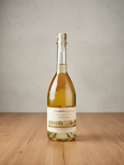 Goldener Zwilling Jörg Geiger Cuvée Nr. 11 alkoholfreier Apfelsaft mit Eichenlaub in einer eleganten Glasflasche