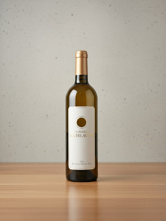 Goldener Zwilling Domaine Richeaume Tradition Blanc 2020 Weissweinflasche mit elegantem Etikett auf Holztisch