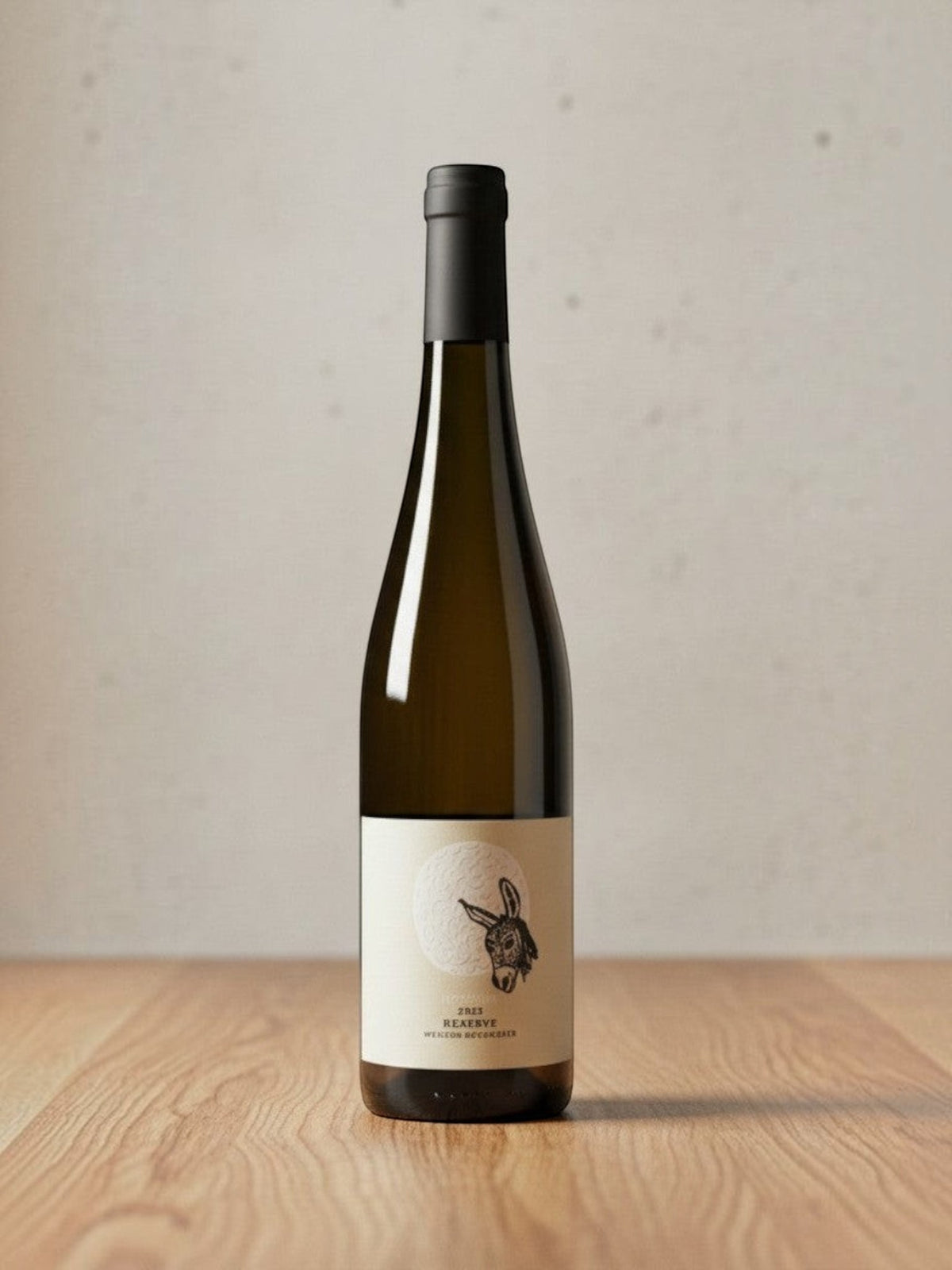 Goldener Zwilling Hofmann Weißer Burgunder Reserve BIO 2022 Weißweinflasche mit Esel-Etikett auf Holztisch